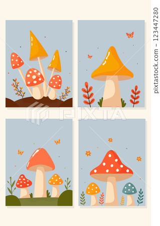set of postcards with mushrooms flat vector illustration 123447280