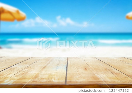 Wood table top on blurred blue sea and white sand beach background can be used for display or montage your products 123447332