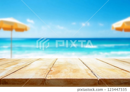 Wood table top on blurred blue sea and white sand beach background can be used for display or montage your products 123447335