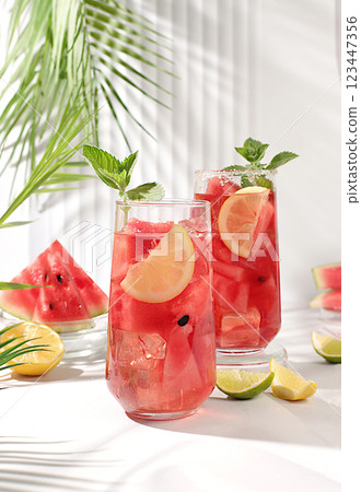 Ice cold homemade lemonade or cocktail with mint, watermelon and fruits on a sunny table, refreshing summer drink recipe, detox diet and weight loss concept, menu for restaurant, selective focus.. 123447356