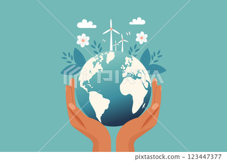 Hands holding Earth flat vector illustration in blue colors 123447377