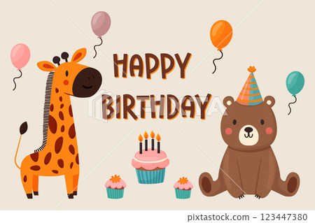 Happy Birthday card with cute bear and giraffe flat vector illustration Happy Birthday card with cute bear and giraffe flat vector illustration 123447380