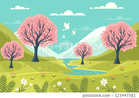 Spring landscape with blossoming trees and flowers flat vector illustration 123447381