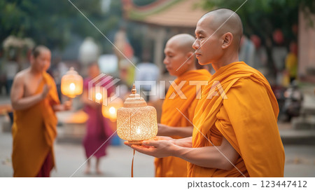 Buddhist monks lighting lanterns for Vesak 123447412