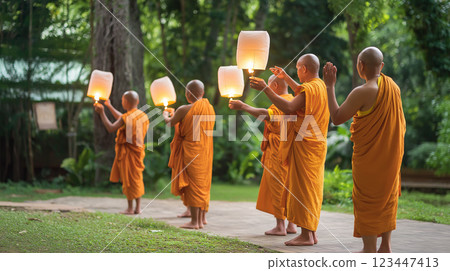Buddhist monks lighting lanterns for Vesak 123447413
