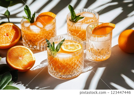 Summer orange cocktails with citrus fruits on white background. Hard seltzer, lemonade, refreshing drinks, low alcohol mocktails, summer party concept. Trendy palm leaf shadow and sunlight, sun 123447446
