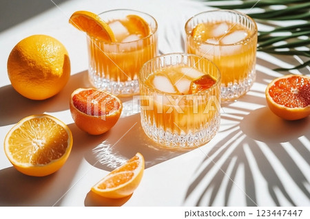 Summer orange cocktails with citrus fruits on white background. Hard seltzer, lemonade, refreshing drinks, low alcohol mocktails, summer party concept. Trendy palm leaf shadow and sunlight, sun Summer orange cocktails with citrus fruits on white background. Hard seltzer, lemonade, refreshing drinks, low alcohol mocktails, summer party concept. Trendy palm leaf shadow and sunlight, sun 123447447
