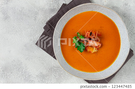 shrimp cream soup, bisque soup, French cuisine, homemade, no people, 123447485