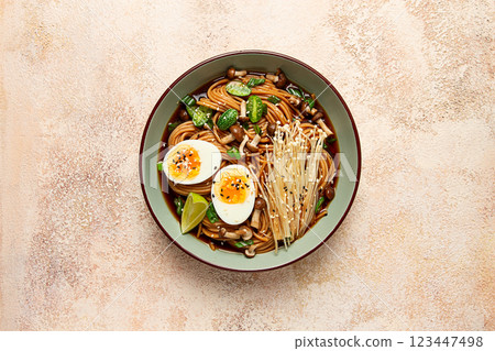 soba, buckwheat noodles, with enoki mushrooms, shimeji and boiled egg, top view, homemade, no people, soba, buckwheat noodles, with enoki mushrooms, shimeji and boiled egg, top view, homemade, no people, 123447498