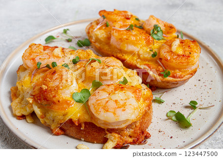 sandwiches with shrimp and cheese, baked in the oven, with microgreens, breakfast, homemade, no people, 123447500