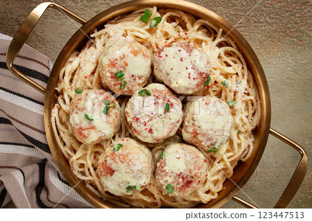 spaghetti with chicken meatballs, with cream sauce, and parmesan cheese, and decorated with microgreens, homemade, no people, spaghetti with chicken meatballs, with cream sauce, and parmesan cheese, and decorated with microgreens, homemade, no people, 123447513
