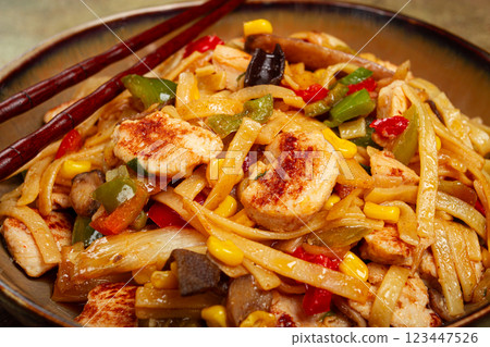 fried noodles with chicken meat and vegetables, Bami Goreng, Indonesian dish, no people, fried noodles with chicken meat and vegetables, Bami Goreng, Indonesian dish, no people, 123447526