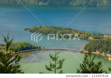 Lagoa das Sete Cidades is located on the island of Sao Miguel, Azores and is characterized by the double coloration of its waters, in green and blue 123447616