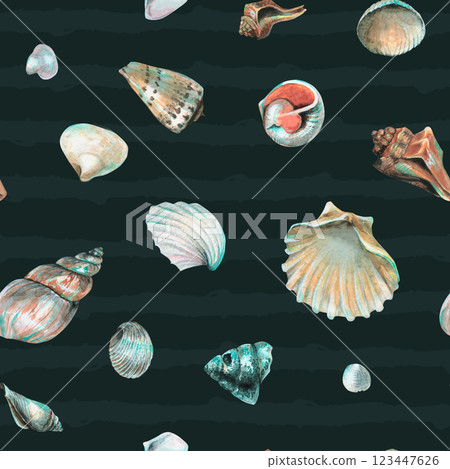 Seashell Seamless pattern on a dark blue background. Hand drawn watercolor Sea Shells for wrapping paper or textile in nautical style. Underwater illustration with cockleshell and scallop Seashell Seamless pattern on a dark blue background. Hand drawn watercolor Sea Shells for wrapping paper or textile in nautical style. Underwater illustration with cockleshell and scallop 123447626