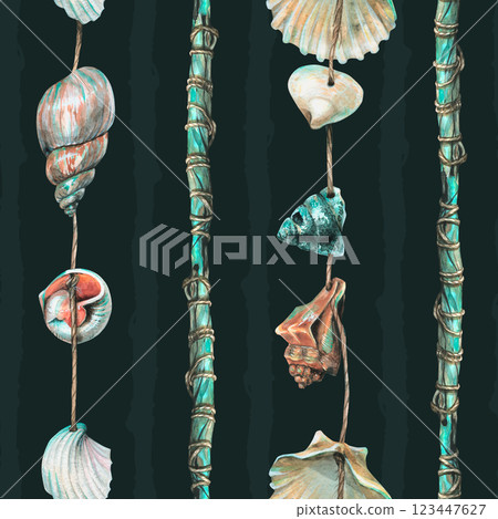 Seashells are hung on turquoise wooden sticks. Hand drawn watercolor illustration. Seamless pattern on a dark blue background 123447627