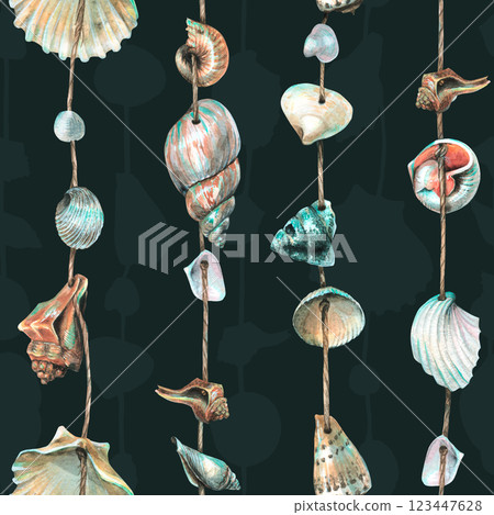 Various seashells are round, spiral, suspended on ropes. Marine garlands for decoration. Hand drawn watercolor illustration. Seamless pattern on a dark blue background Various seashells are round, spiral, suspended on ropes. Marine garlands for decoration. Hand drawn watercolor illustration. Seamless pattern on a dark blue background 123447628