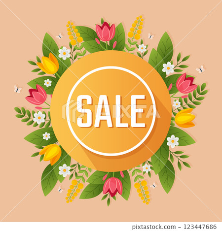 Spring Sale sign with flowers and butterflies flat vector illustration Spring Sale sign with flowers and butterflies flat vector illustration 123447686