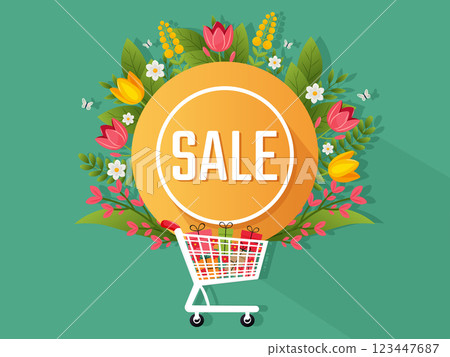 Spring Sale sign with flowers and shopping cart flat vector illustration Spring Sale sign with flowers and shopping cart flat vector illustration 123447687