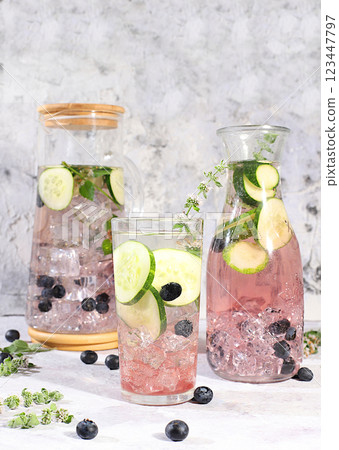 The concept of detox diet and body cleansing. Refreshing homemade lemonade cocktail with fresh cucumbers, blueberries and mint. Fruit juice and ingredients, weight loss concept, healthy and natural The concept of detox diet and body cleansing. Refreshing homemade lemonade cocktail with fresh cucumbers, blueberries and mint. Fruit juice and ingredients, weight loss concept, healthy and natural 123447797