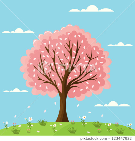 beautiful blossom tree at spring flat vector illustration 123447922