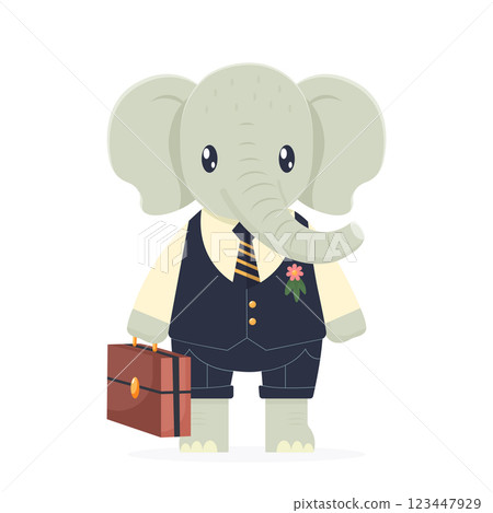 cute elephant in a suit holding a suitcase flat vector illustration isolated on white background 123447929