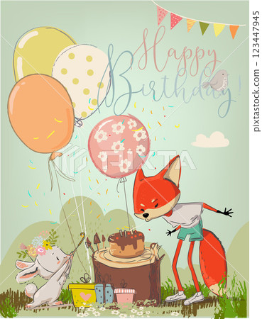 cute fox with white hare - birthday card cute fox with white hare - birthday card 123447945