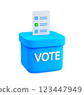 3d cute blue ballot box and inserted voting paper with green checkmark isolated on white background. Design element for political. 123447949