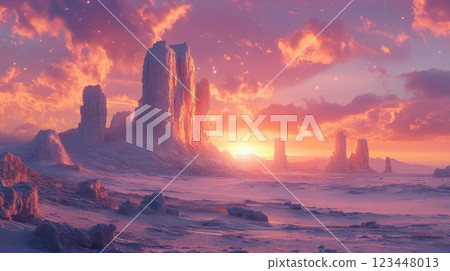A surreal photograph of a desolate landscape, with rock formations that resemble alien creatures, under a vibrant purple sky. 123448013