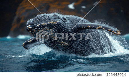 A photograph of a majestic whale breaching the surface of the ocean shows the powerful beauty and grace of this magnificent creature. 123448014