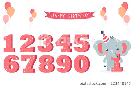 birthday numbers with cute elephant flat vector illustration birthday numbers with cute elephant flat vector illustration 123448145
