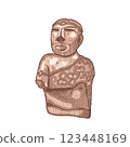 Detailed hand drawn vector illustration of ancient sculpture of Priest-King from Indus Valley, Harappan Civilization. Hatching drawing male bust adorned with intricate carvings and patterns. 123448169