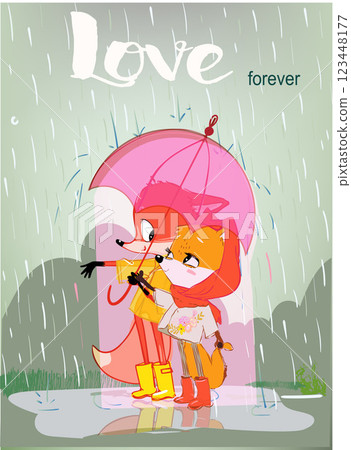 cute fox with a girlfriend under umbrella 123448177