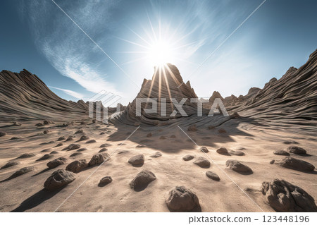 Surreal rock vortex formation. Fictional coiled stones in the desert mountains. Generated AI. 123448196