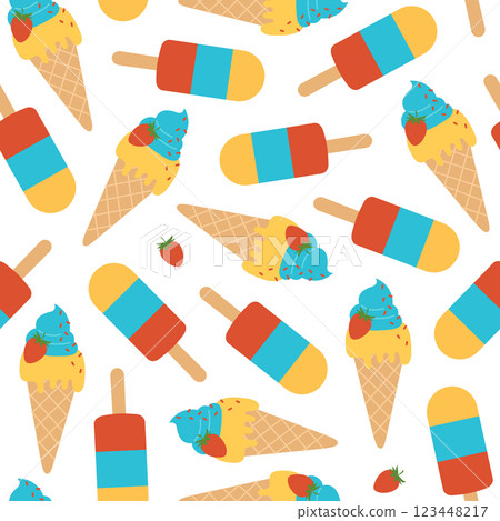 Seamless pattern with ice cream in waffle cone with strawberries and fruit popsicles on white background. Cold dessert. Summer sweets. Vector flat illustration for wallpaper, textile, packaging 123448217