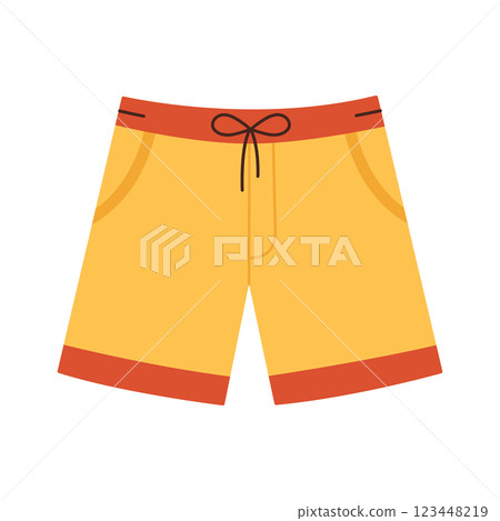 Yellow men swimsuit isolated on white background. Male swimming trunks. Fashion shorts for beach, pool and sport. Colorful summer clothing. Vector flat illustration Yellow men swimsuit isolated on white background. Male swimming trunks. Fashion shorts for beach, pool and sport. Colorful summer clothing. Vector flat illustration 123448219