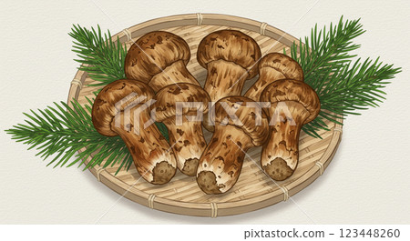 A Japanese-style illustration of autumn delicacy, matsutake mushrooms served on a bamboo sieve 123448260