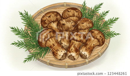 A Japanese-style illustration of autumn delicacy, matsutake mushrooms served on a bamboo sieve 123448261