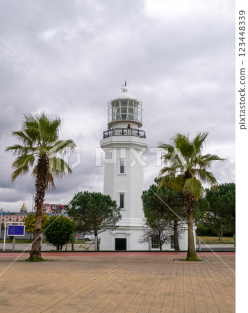 lighthouse is now defunct. Embankment in Batumi. Beautiful architecture by the sea. 123448339