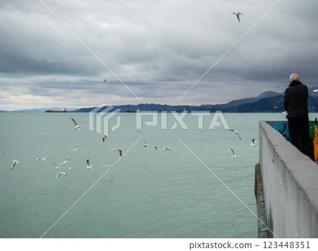 Man on the pier against the backdrop of seagulls. People feed the seagulls. Beautiful seascape in cloudy weather Man on the pier against the backdrop of seagulls. People feed the seagulls. Beautiful seascape in cloudy weather 123448351