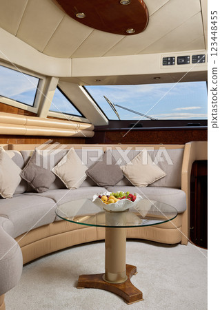 Experience the Elegant and Stylish Interior of a Luxurious Yachts Exclusive Lounge Space 123448455