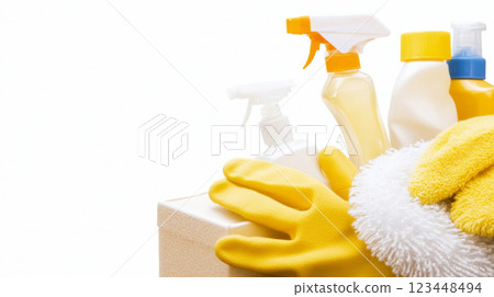 Cleaning supplies and gloves for household chores on white background, Spring cleaning concept 123448494