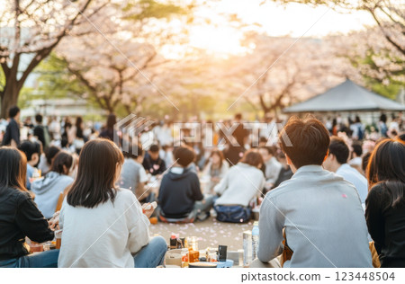 Japanese sakura Cherry blossom festival, picnic in city park with young adults enjoying springtime 123448504