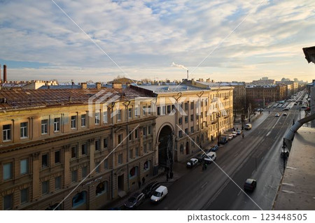 Enjoy a scenic view of the beautiful city with historic architecture and a cloudy sky 123448505