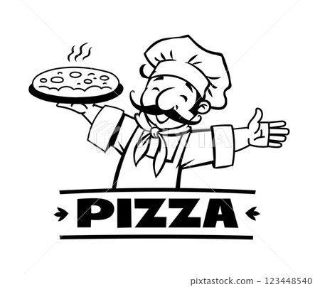 Funny chef with pizza. Emblem or logo design 123448540