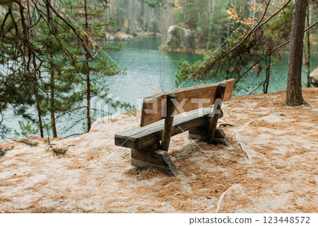 Empty bench under a tree on a slope near Lake. Autumn landscape with forest and pond. Travel concept. High quality photo. 123448572