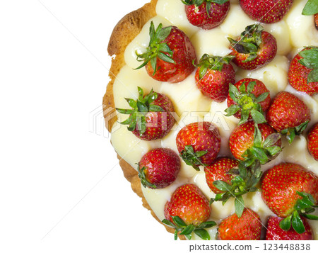 Cake topped with fresh strawberries. Creamy shortbread cake on a white background. Tasty food. Caloric nutrition. Handmade dessert isolate 123448838