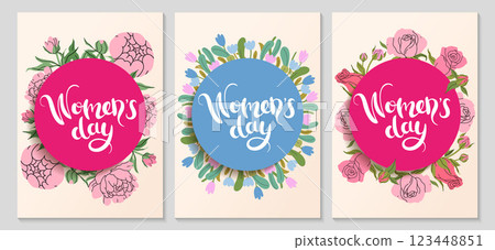 International Women's day greeting poster set. Floral festive frame for Social media. Spring holidays background with delicate pink peonies and roses. 8 march lettering. Vector flat illustration. 123448851