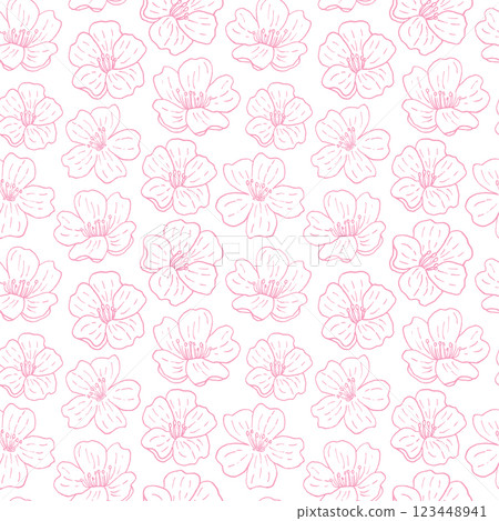 Seamless pattern with pink cherry blossoms, contour ornament, delicate Japanese-style pattern. For clothes, textiles, wallpaper. Vector background Seamless pattern with pink cherry blossoms, contour ornament, delicate Japanese-style pattern. For clothes, textiles, wallpaper. Vector background 123448941