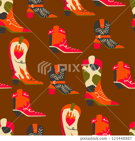 Seamless pattern with Americans cowboy boots. Vector. 123448987