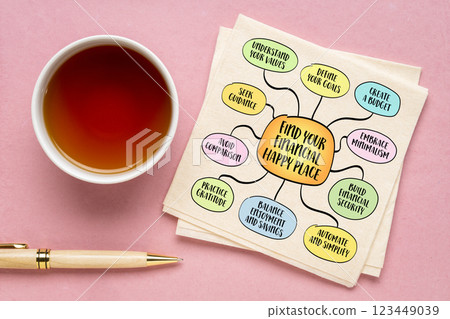 Find your financial happy place, achieving a balance between financial stability and life satisfaction. Infographics sketch. Find your financial happy place, achieving a balance between financial stability and life satisfaction. Infographics sketch. 123449039